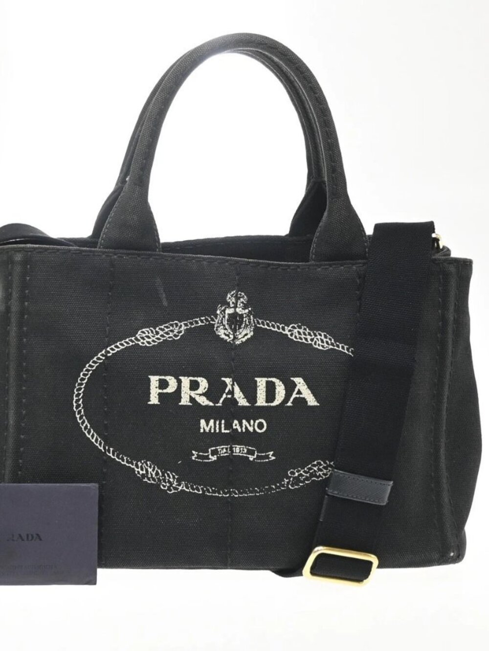 PRADA Milano Denim CANAPA 2Way Shoulder Hand Bag Canvas Leather Black 71SA247
